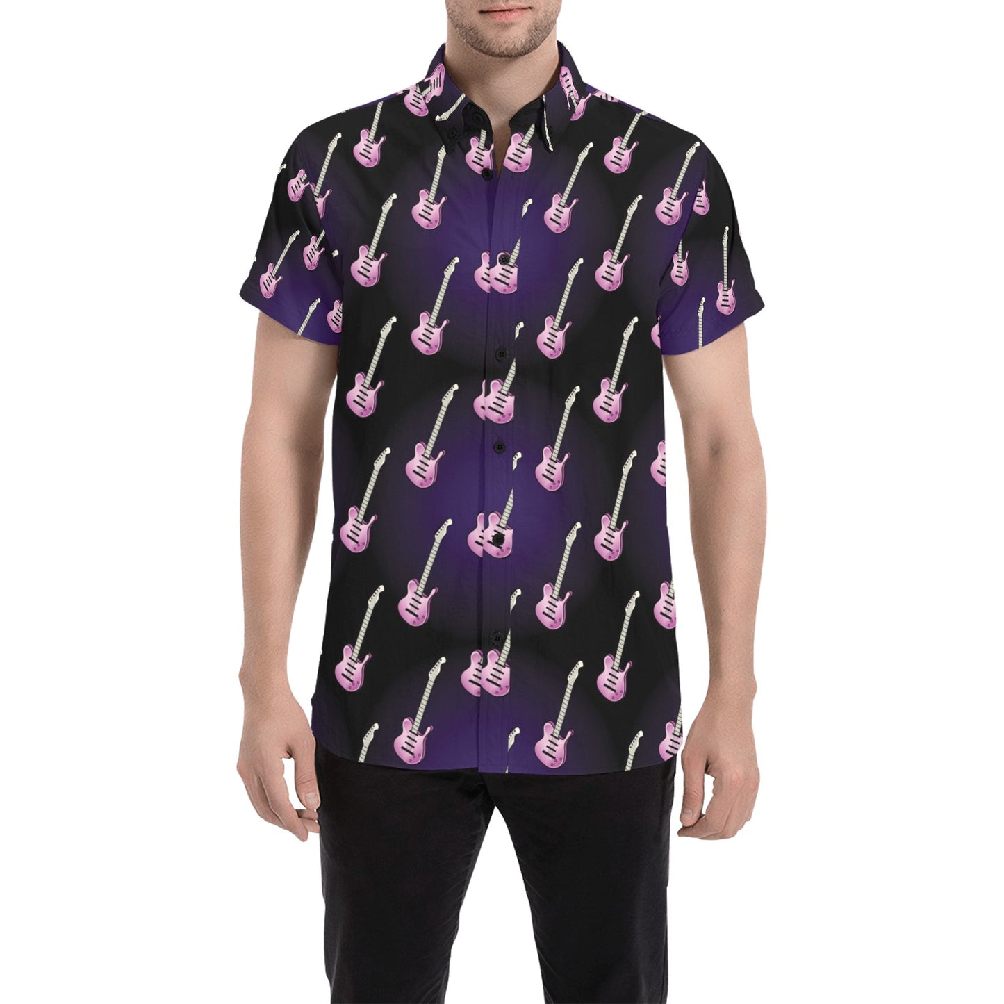 Electric Guitar Print Design LKS405 Men Short Sleeve Button Up Shirt