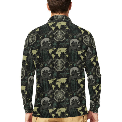 World Map Print Design LKS303 Long Sleeve Polo Shirt For Men's