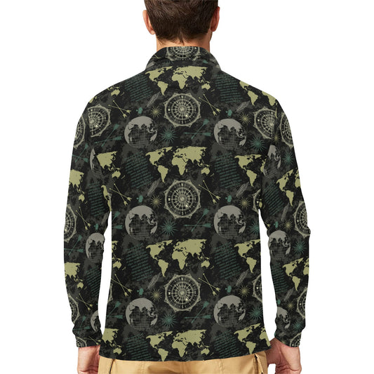 World Map Print Design LKS303 Long Sleeve Polo Shirt For Men's