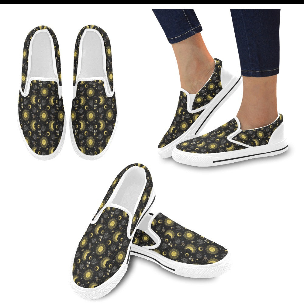 Sun Moon Print Design LKS301 White Slip Ons Canvas Women's Shoes