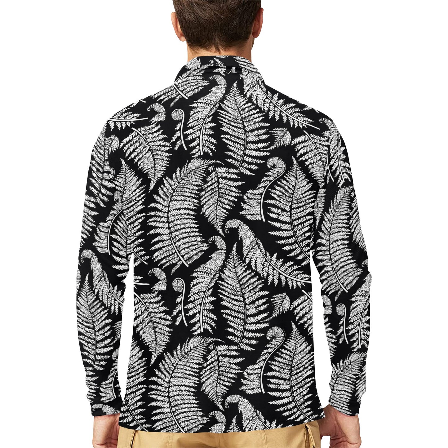 Fern Leave Black White Print Pattern Long Sleeve Polo Shirt For Men's