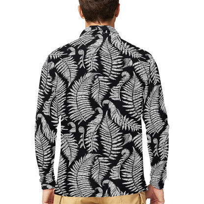 Fern Leave Black White Print Pattern Long Sleeve Polo Shirt For Men's