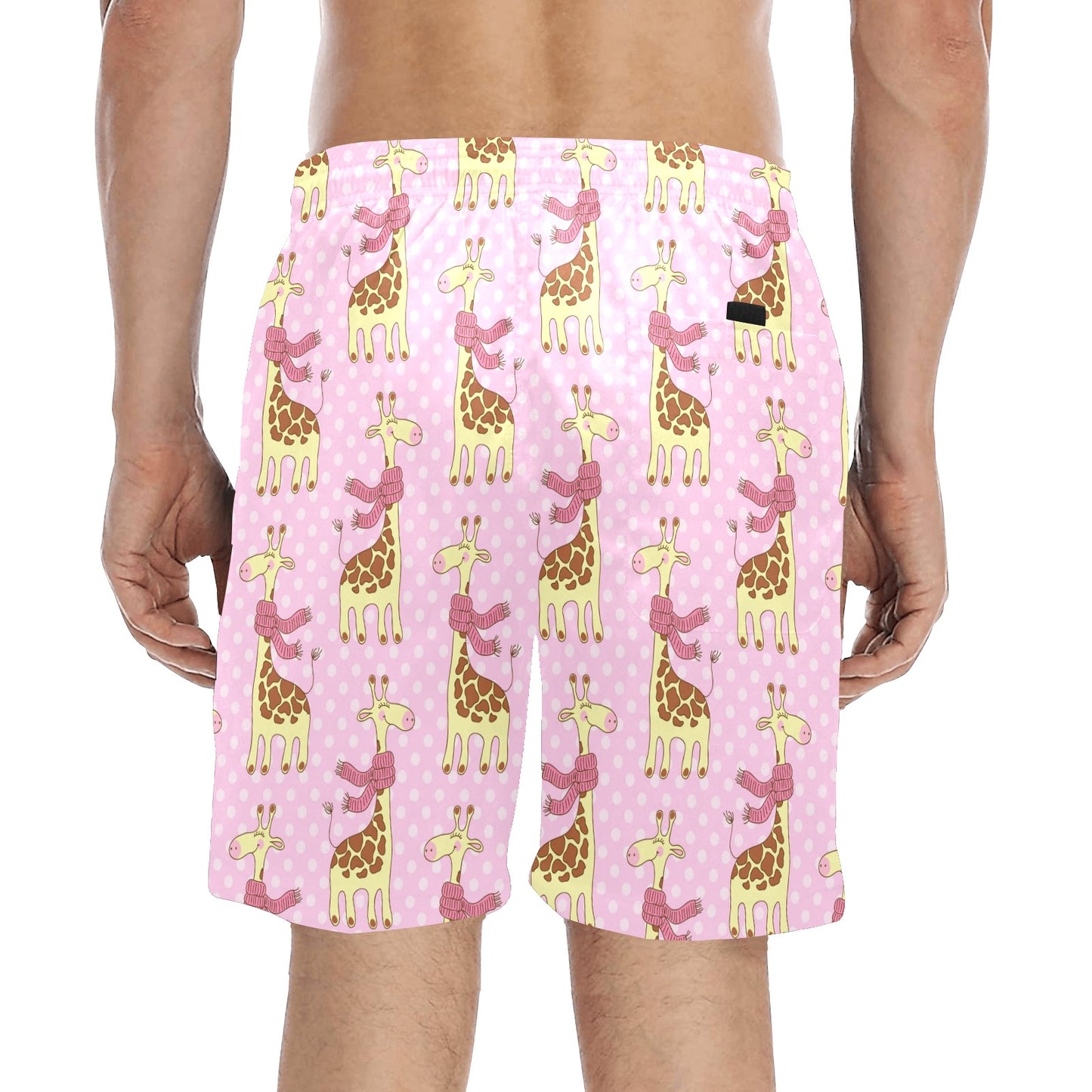 Giraffe Cute Pink Polka Dot Print Men's Swim Trunks Beach Shorts