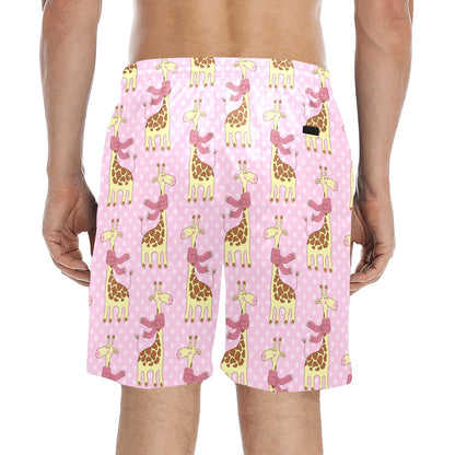 Giraffe Cute Pink Polka Dot Print Men's Swim Trunks Beach Shorts