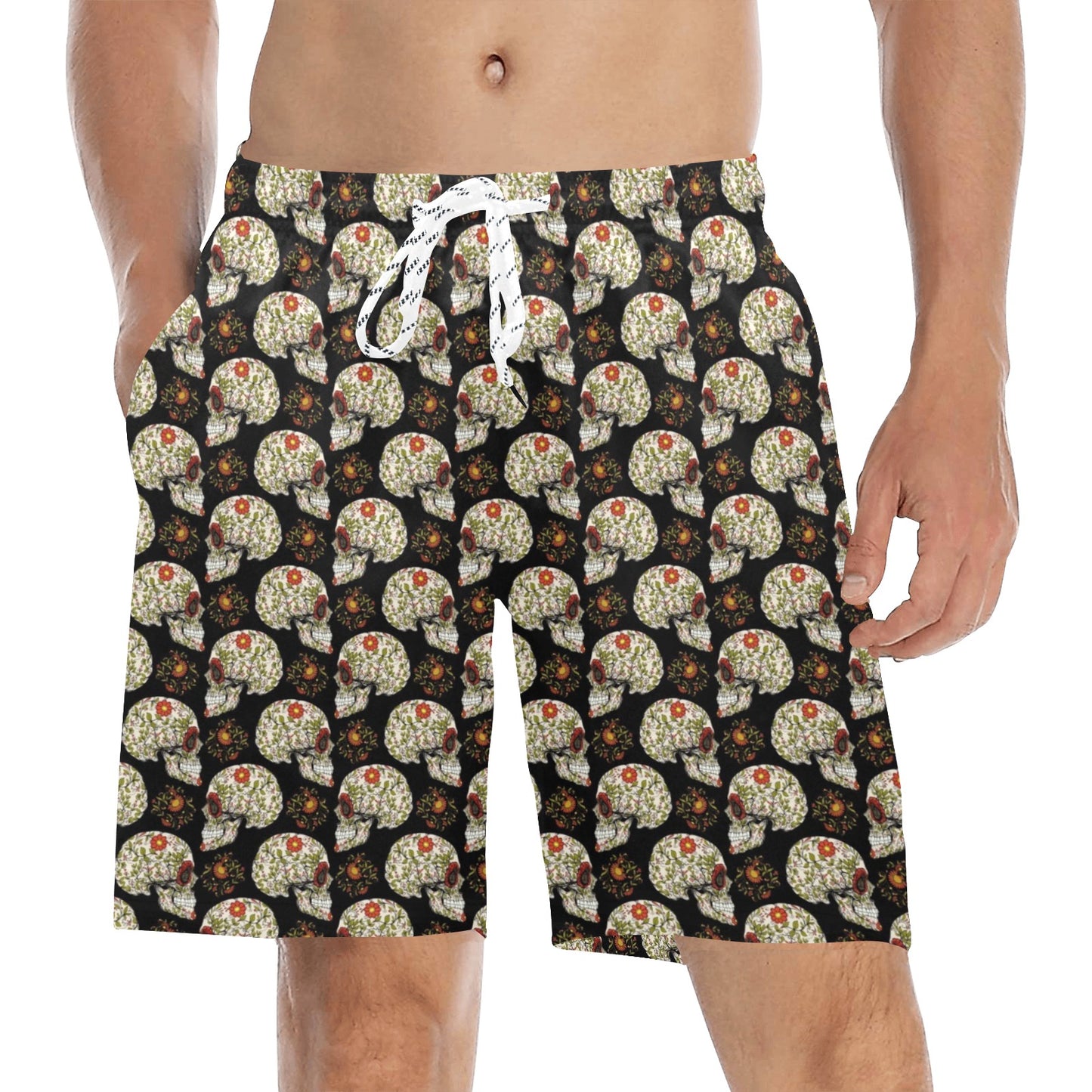 Sugar Skull Flower Design Themed Print Men's Swim Trunks Beach Shorts