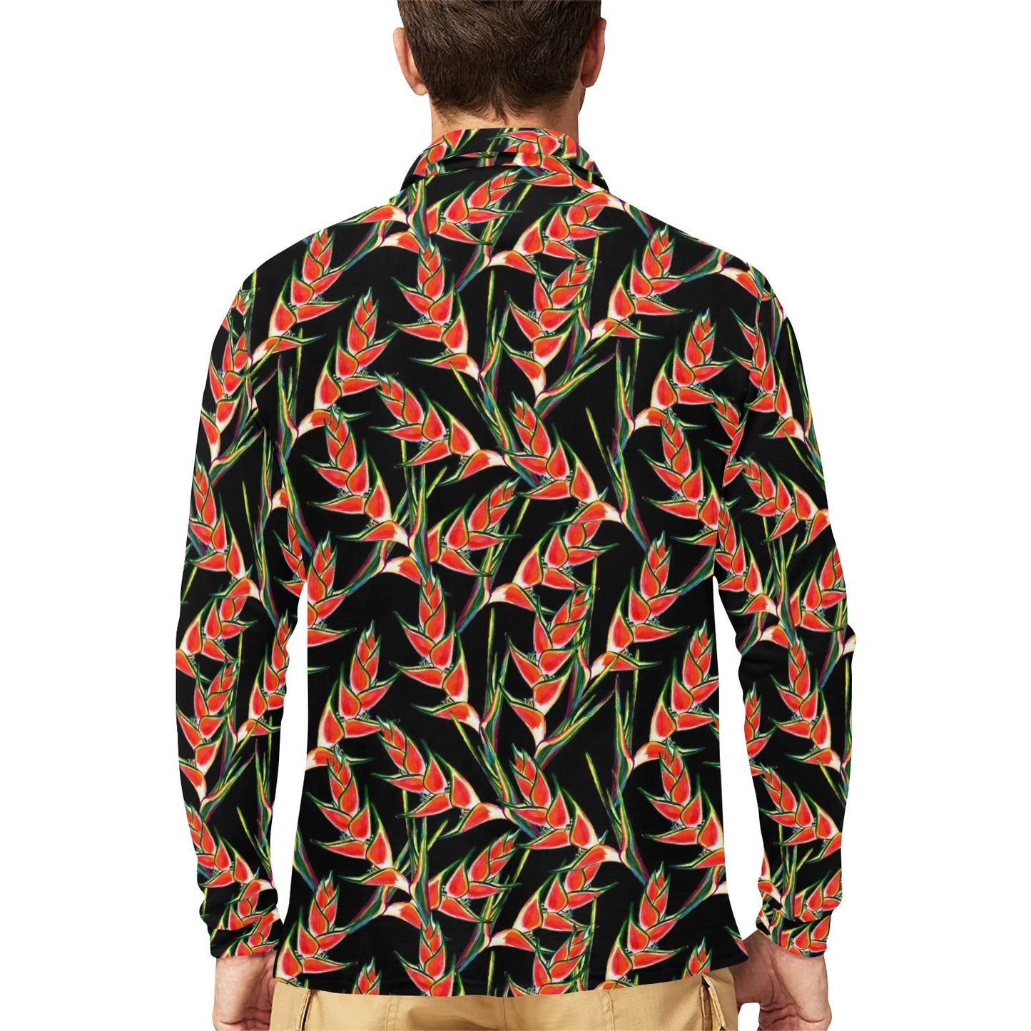 Heliconia Pattern Print Design HL010 Long Sleeve Polo Shirt For Men's