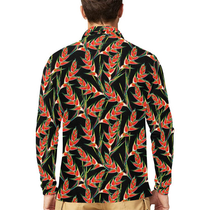 Heliconia Pattern Print Design HL010 Long Sleeve Polo Shirt For Men's