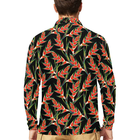 Heliconia Pattern Print Design HL010 Long Sleeve Polo Shirt For Men's