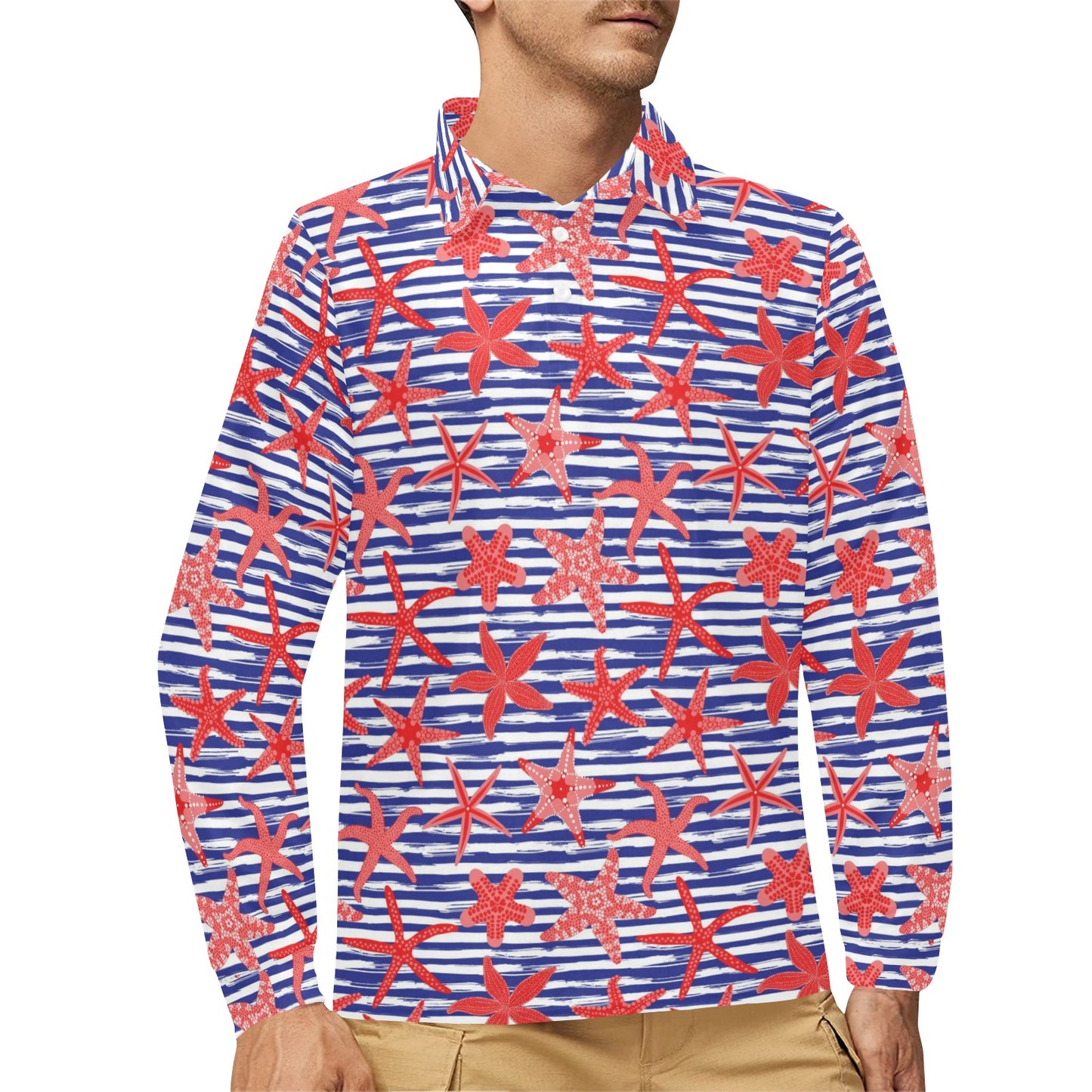 Starfish Print Design LKS401 Long Sleeve Polo Shirt For Men's
