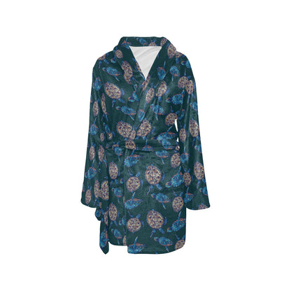 Sea Turtle Hand Drawn Blue Print Women's Fleece Robe