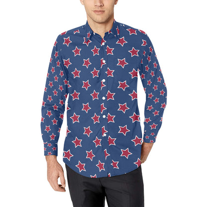 Star Red Blue Print Design LKS301 Men's Long Sleeve Dress Shirt