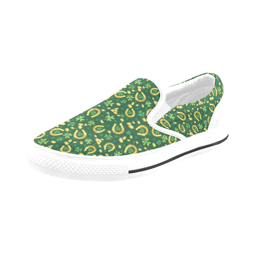 Shamrock Horse Shoes Saint Patrick's Day Print Design LKS307 White Slip Ons Canvas Women's Shoes