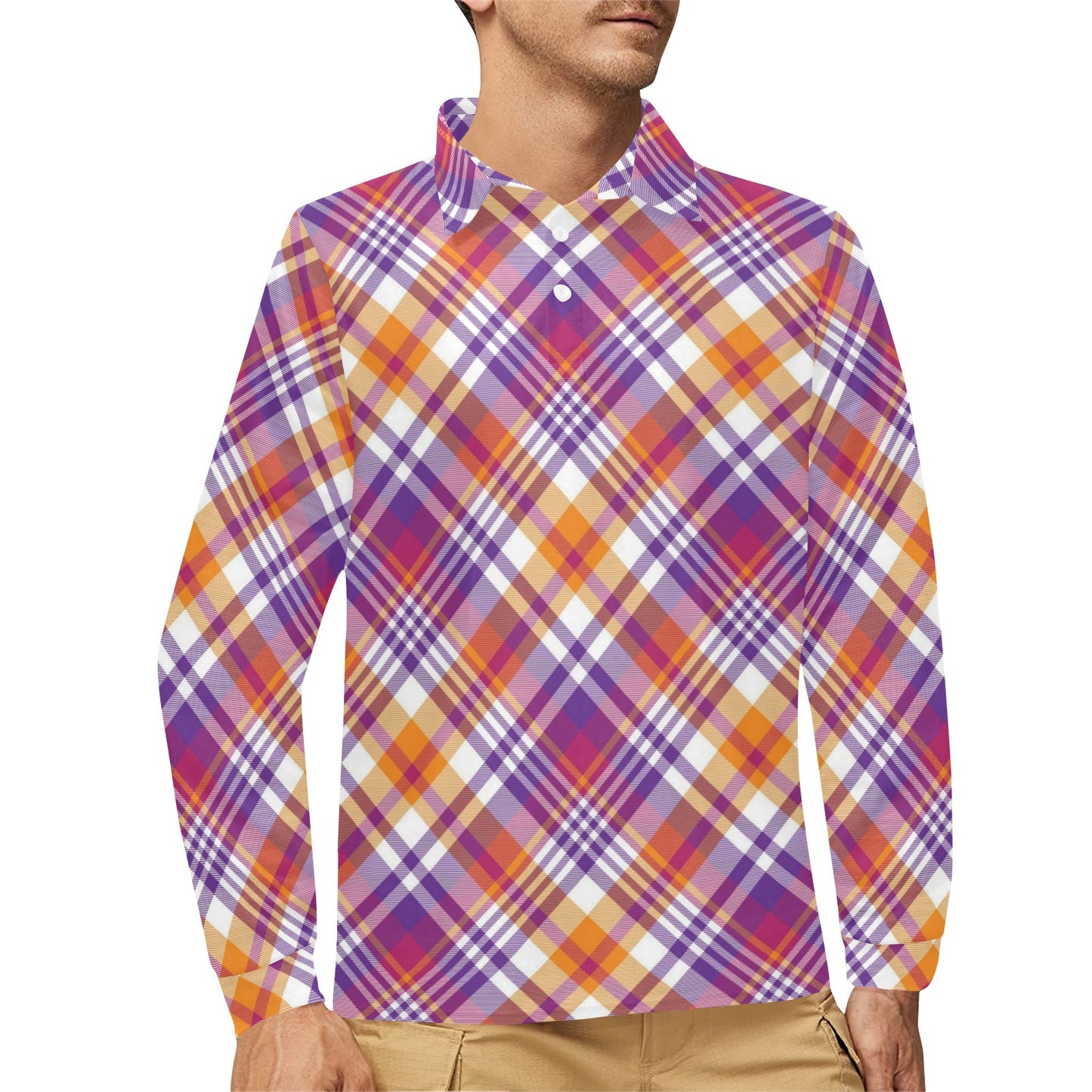Madras Pattern Print Design 02 Long Sleeve Polo Shirt For Men's