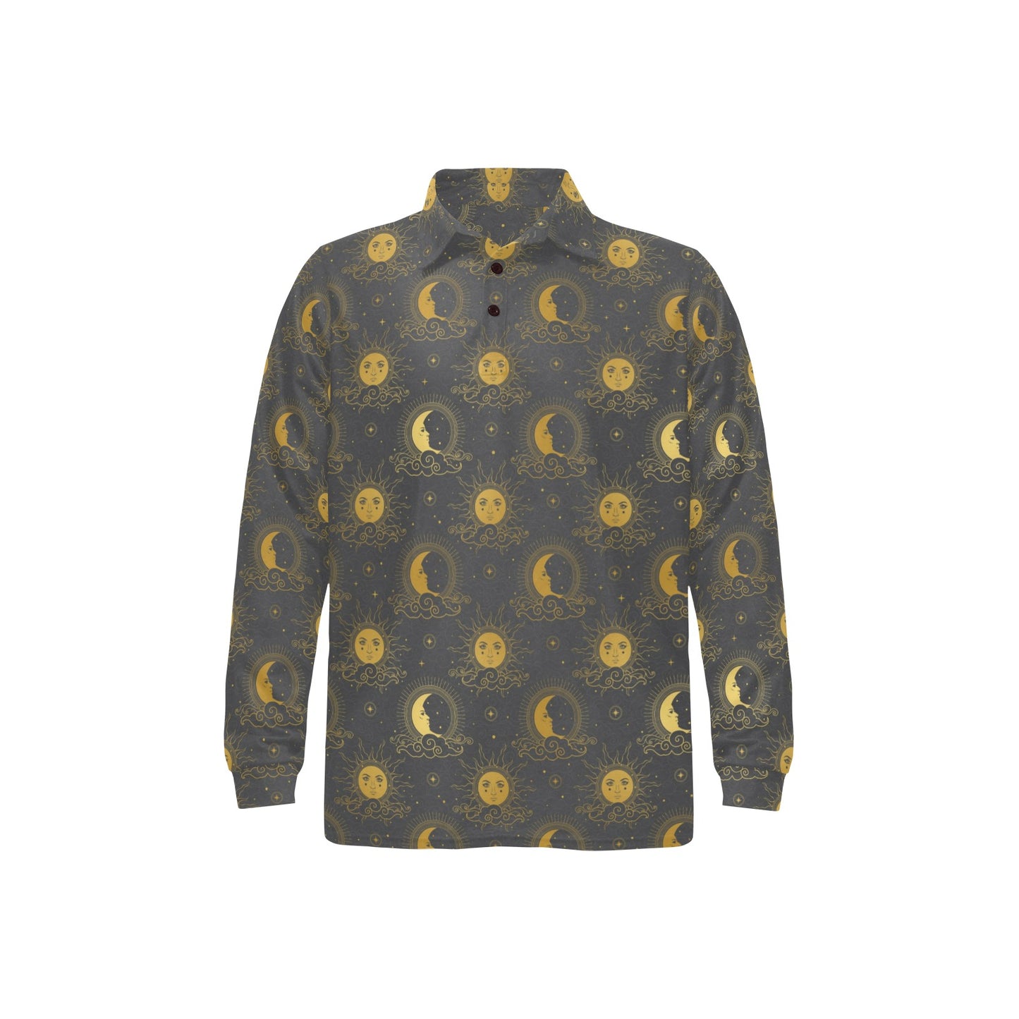 Sun Moon Print Design LKS305 Long Sleeve Polo Shirt For Men's