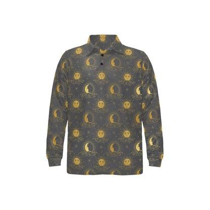 Sun Moon Print Design LKS305 Long Sleeve Polo Shirt For Men's