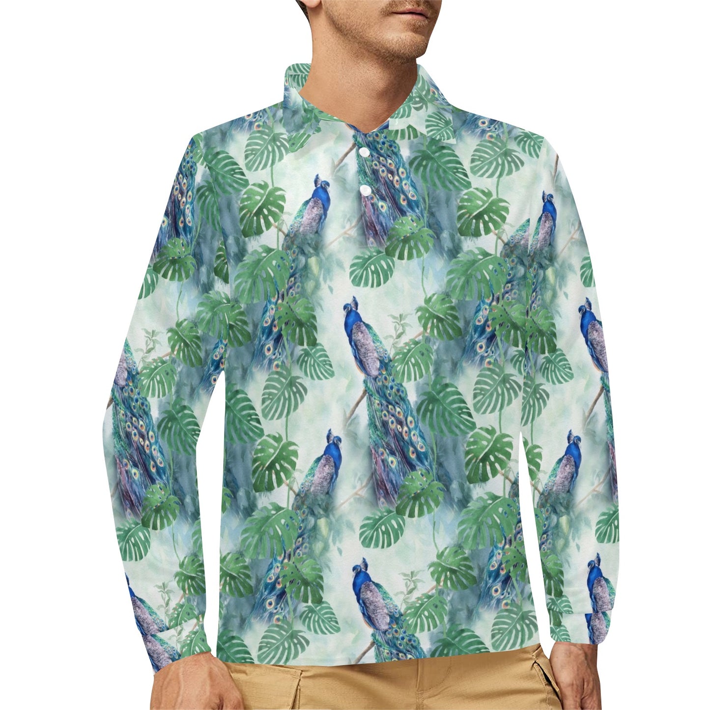 Peacock Pattern Print Design A02 Long Sleeve Polo Shirt For Men's