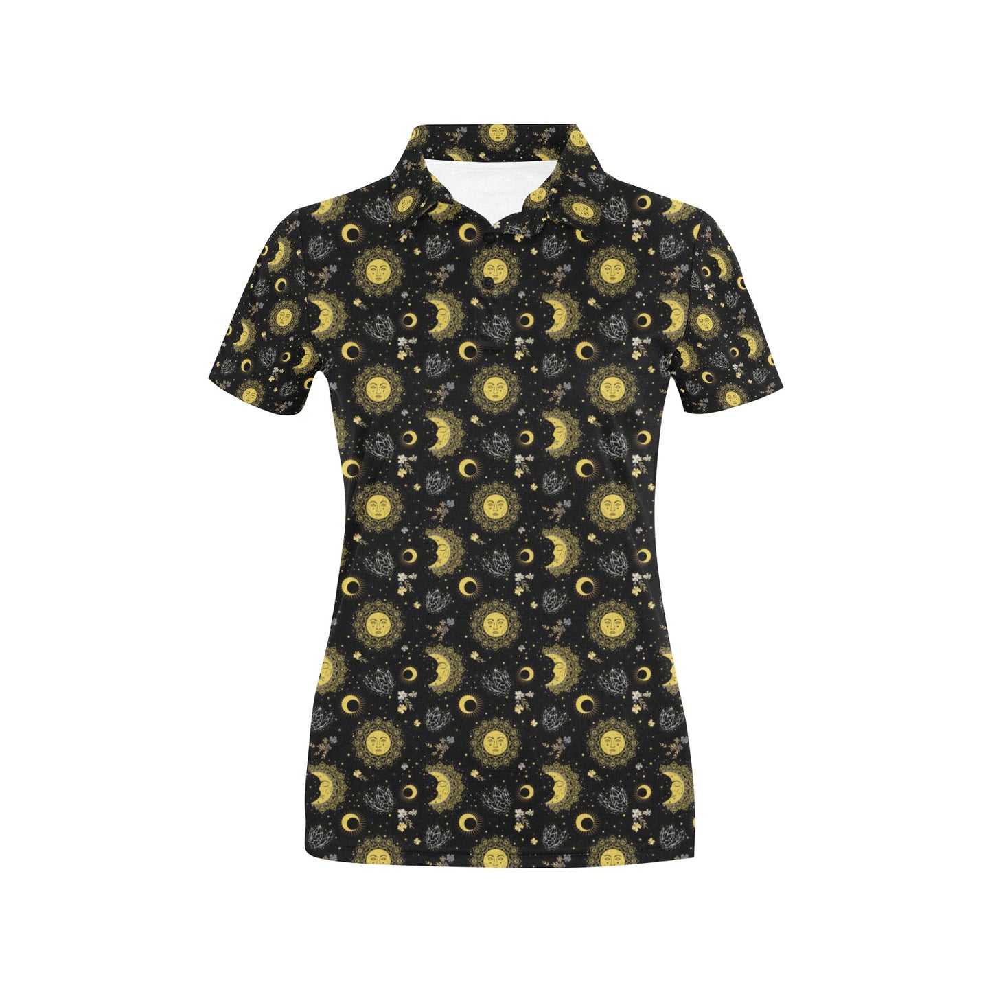 Sun Moon Golden Design Themed Print Women's Polo Shirt