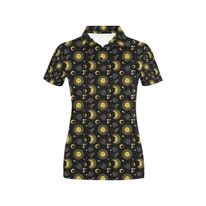 Sun Moon Golden Design Themed Print Women's Polo Shirt