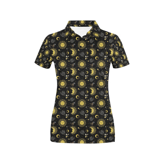 Sun Moon Golden Design Themed Print Women's Polo Shirt