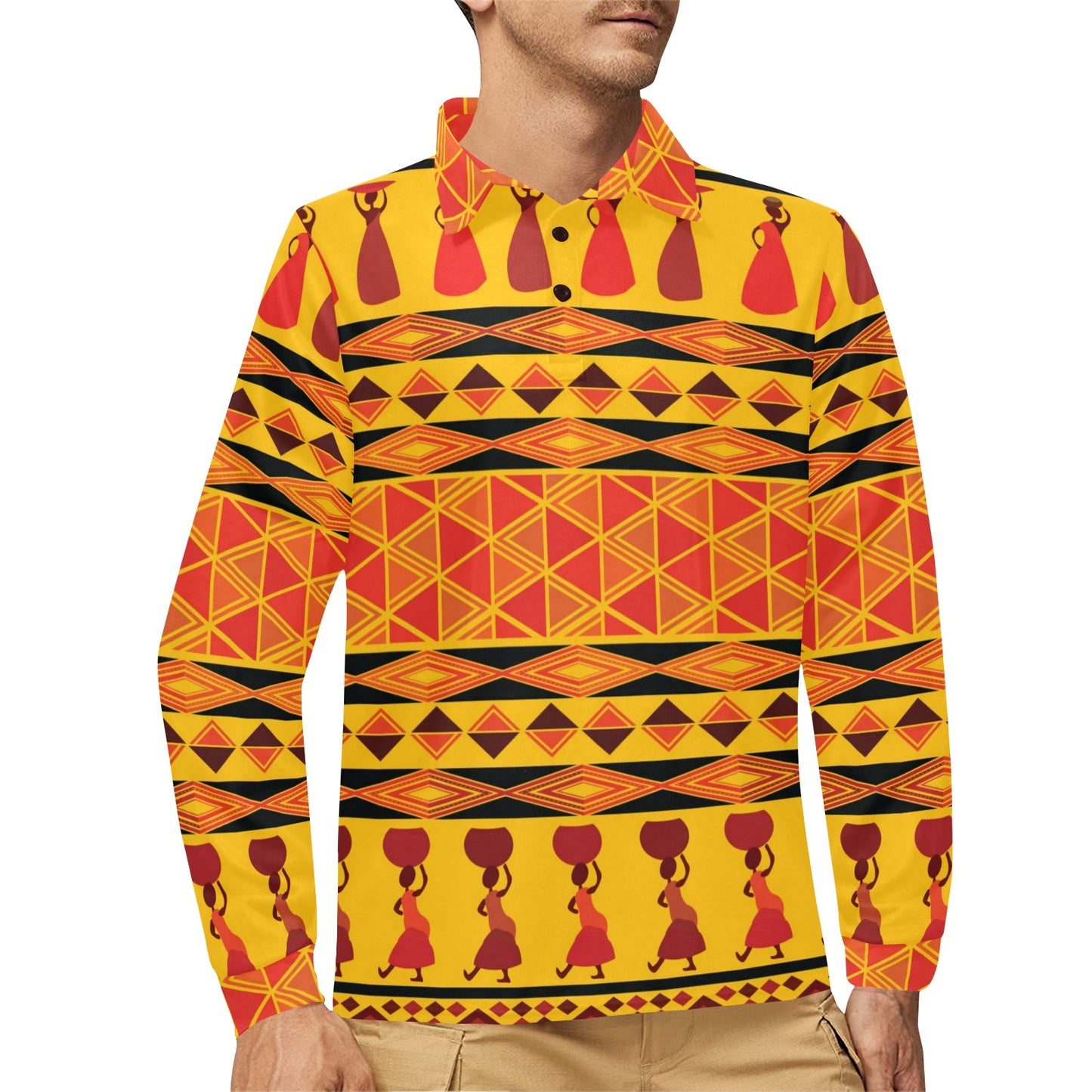 African Pattern Print Design 01 Long Sleeve Polo Shirt For Men's