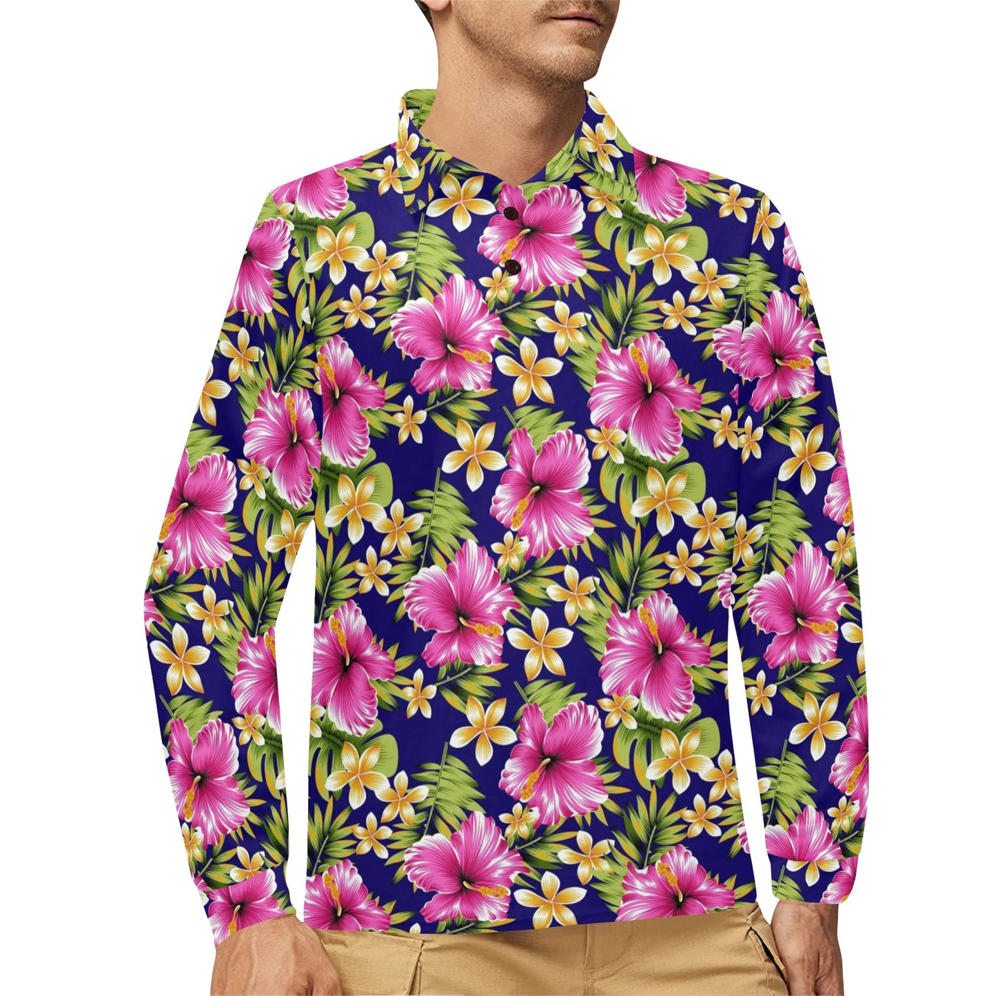 Pink Hibiscus Pattern Print Design HB027 Long Sleeve Polo Shirt For Men's