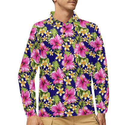 Pink Hibiscus Pattern Print Design HB027 Long Sleeve Polo Shirt For Men's