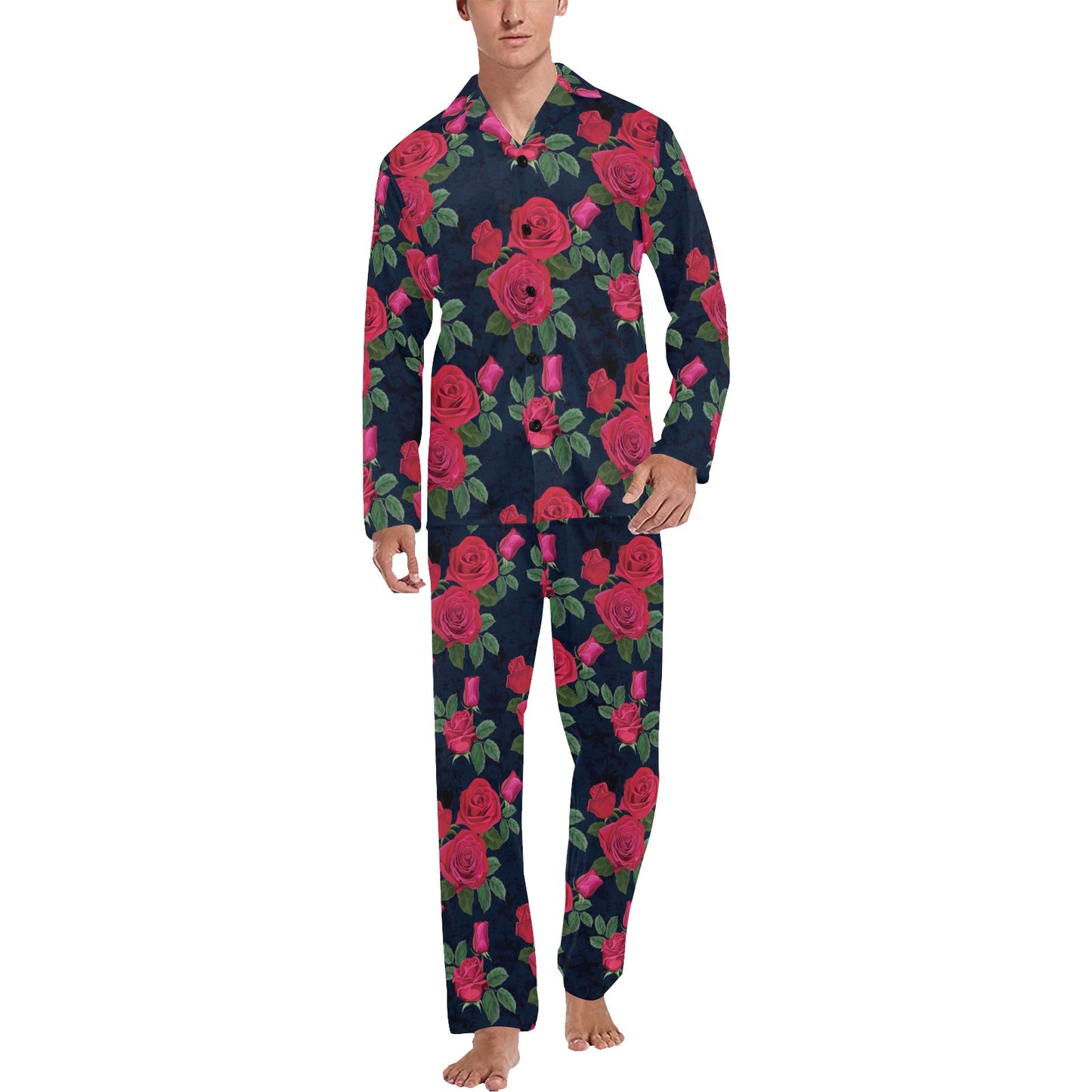 Rose Pattern Print Design A04 Men's Long Pajama Set