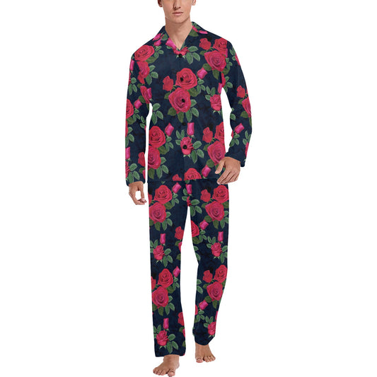 Rose Pattern Print Design A04 Men's Long Pajama Set
