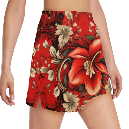 Red Bandana Hibiscus 17" Golf & Pickleball Skort with Pockets