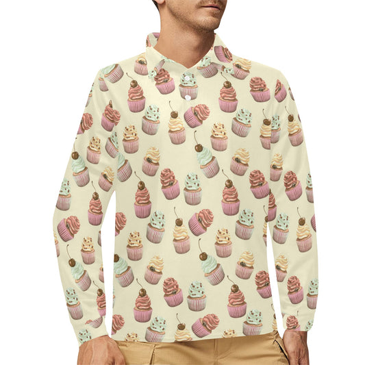 Cupcake Pattern Print Design 04 Long Sleeve Polo Shirt For Men's