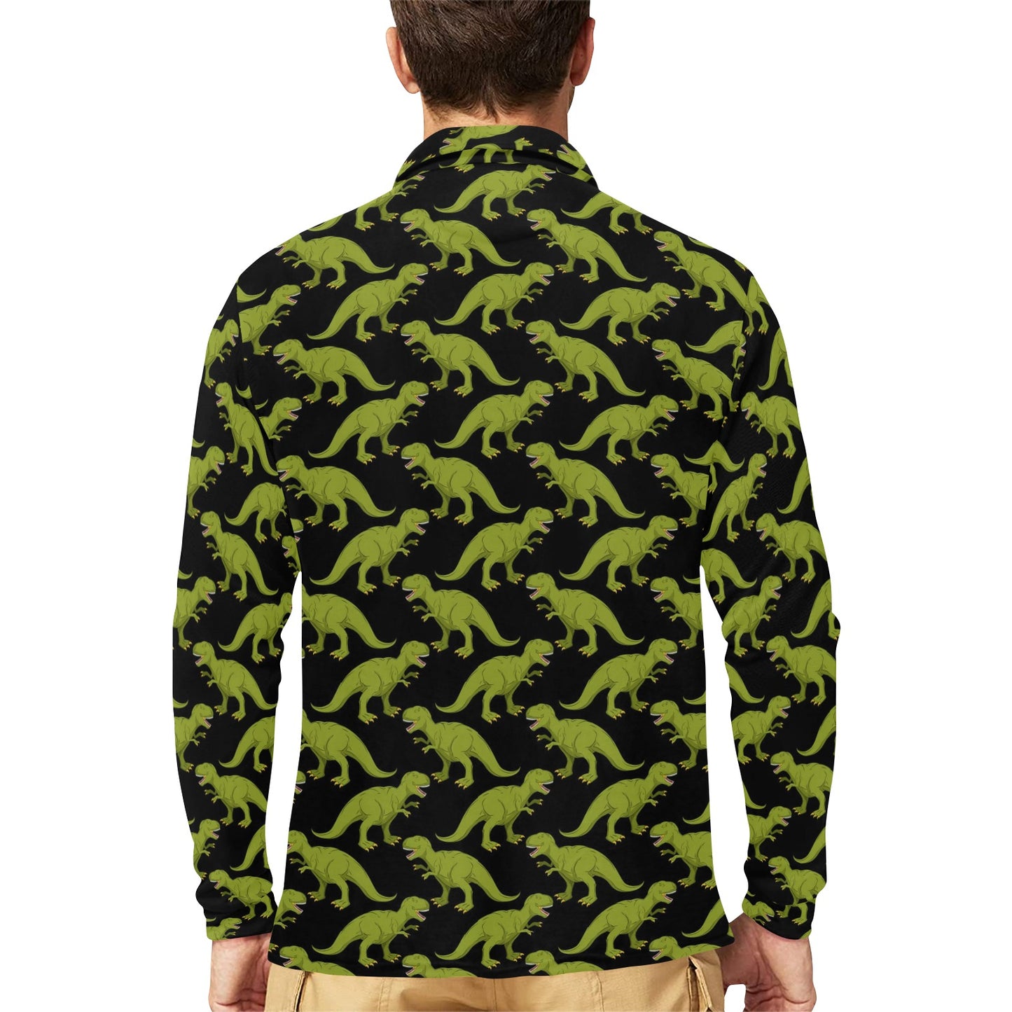 T Rex Pattern Print Design A02 Long Sleeve Polo Shirt For Men's
