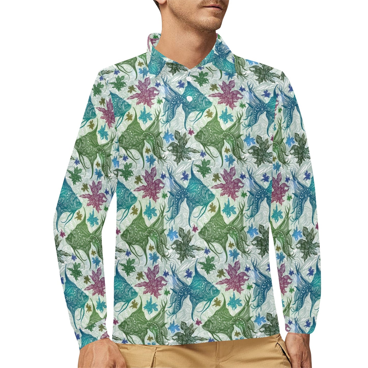 Angelfish Tribal Pattern Print Design 01 Long Sleeve Polo Shirt For Men's