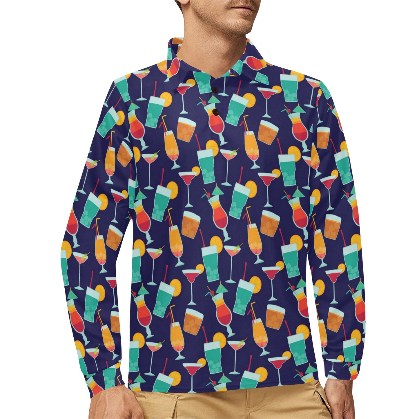 Cocktail Pattern Print Design 06 Long Sleeve Polo Shirt For Men's