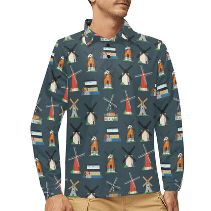Windmill Pattern Print Design 04 Long Sleeve Polo Shirt For Men's