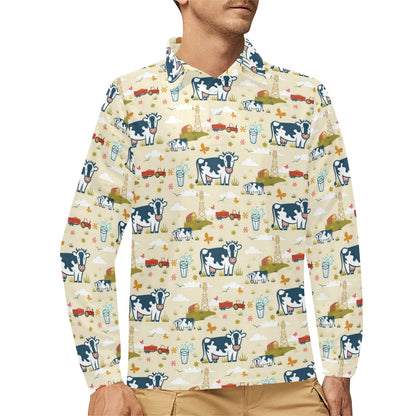 Cow Farm Design Print Long Sleeve Polo Shirt For Men's