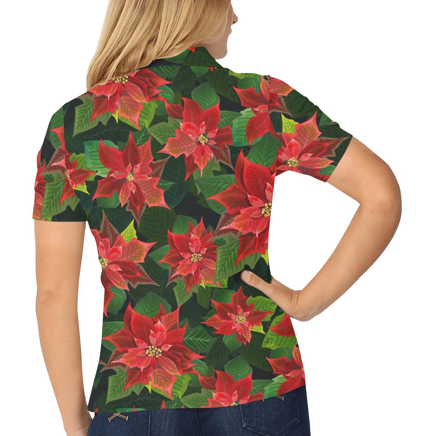 Poinsettia Pattern Print Design POT04 Women's Polo Shirt