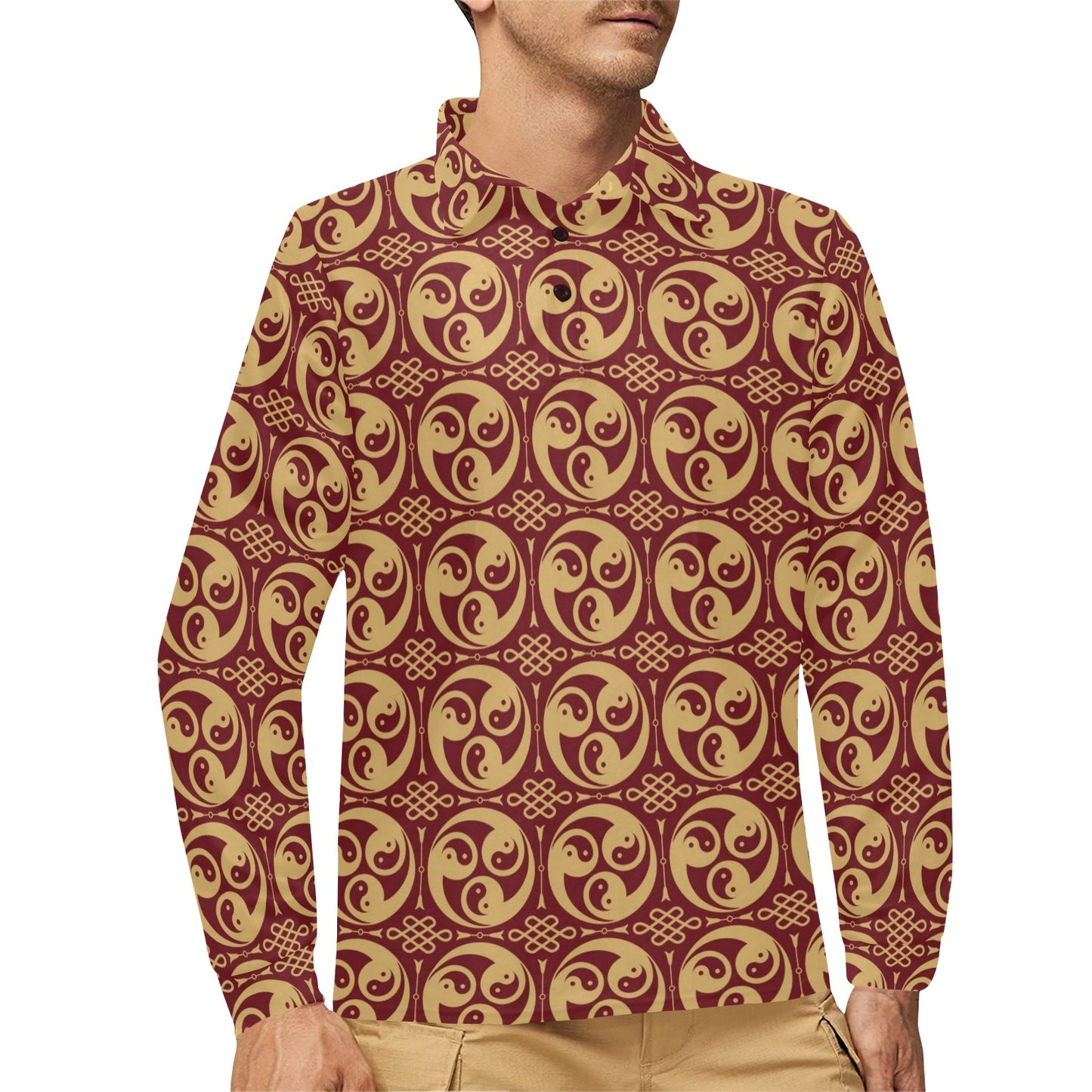 Yin Yang Style Pattern Design Print Long Sleeve Polo Shirt For Men's