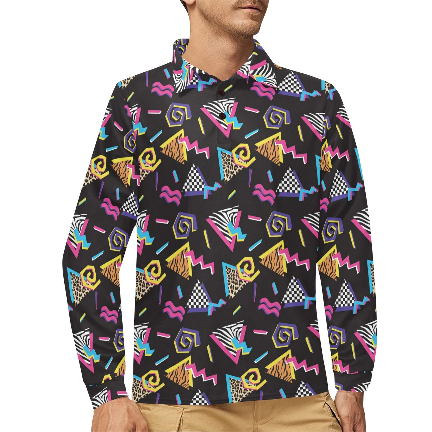 80s Pattern Print Design 3 Long Sleeve Polo Shirt For Men's