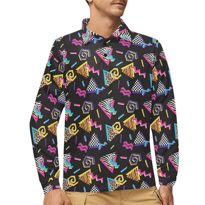 80s Pattern Print Design 3 Long Sleeve Polo Shirt For Men's