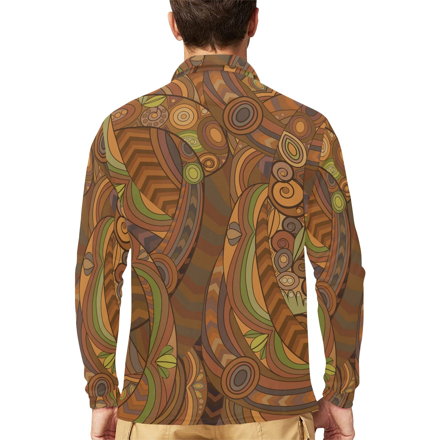Maori Ornament Design Print Long Sleeve Polo Shirt For Men's