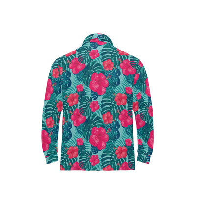 Red Hibiscus Pattern Print Design HB017 Long Sleeve Polo Shirt For Men's