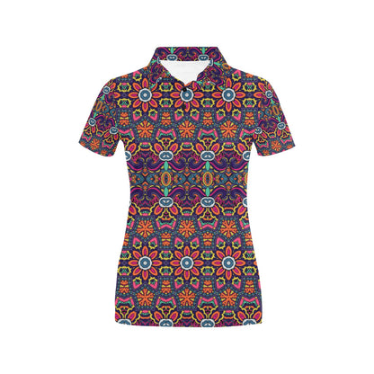 Ethnic Flower Style Print Pattern Women's Polo Shirt