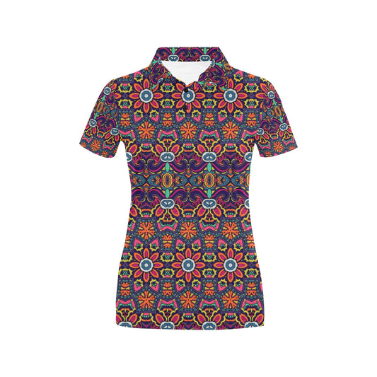 Ethnic Flower Style Print Pattern Women's Polo Shirt