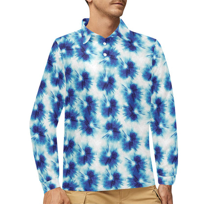 Tie Dye Blue Print Design LKS305 Long Sleeve Polo Shirt For Men's