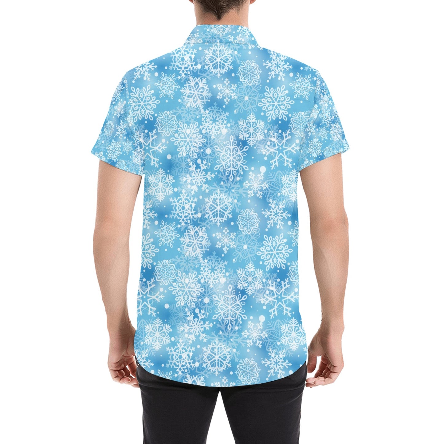 Snowflake Blue Print Design LKS301 Men Short Sleeve Button Up Shirt