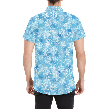 Snowflake Blue Print Design LKS301 Men Short Sleeve Button Up Shirt