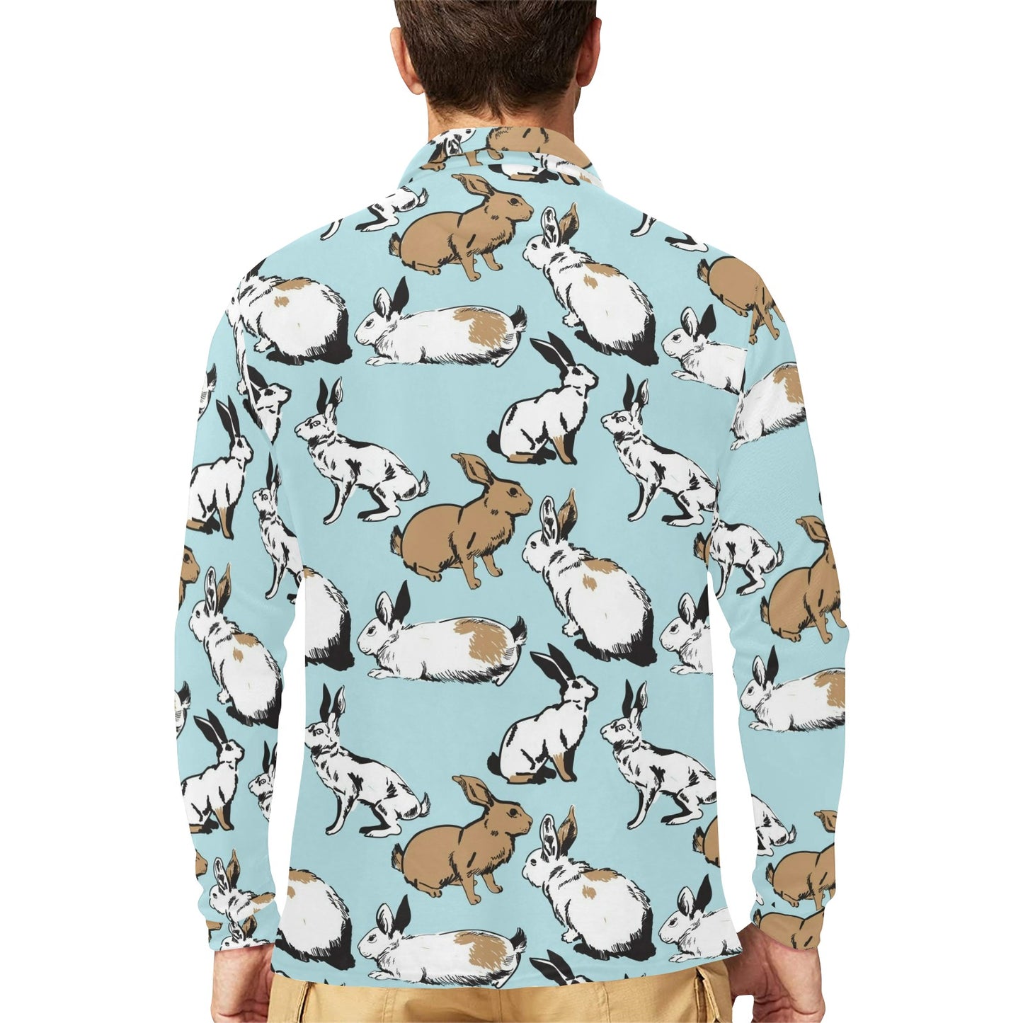 Rabbit Pattern Print Design RB018 Long Sleeve Polo Shirt For Men's