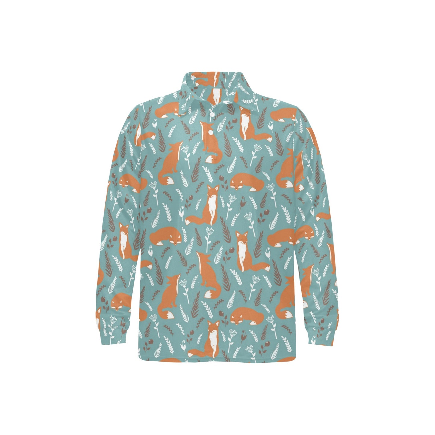 Fox Forest Print Pattern Long Sleeve Polo Shirt For Men's