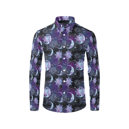 Sun Moon Print Design LKS303 Men's Long Sleeve Dress Shirt