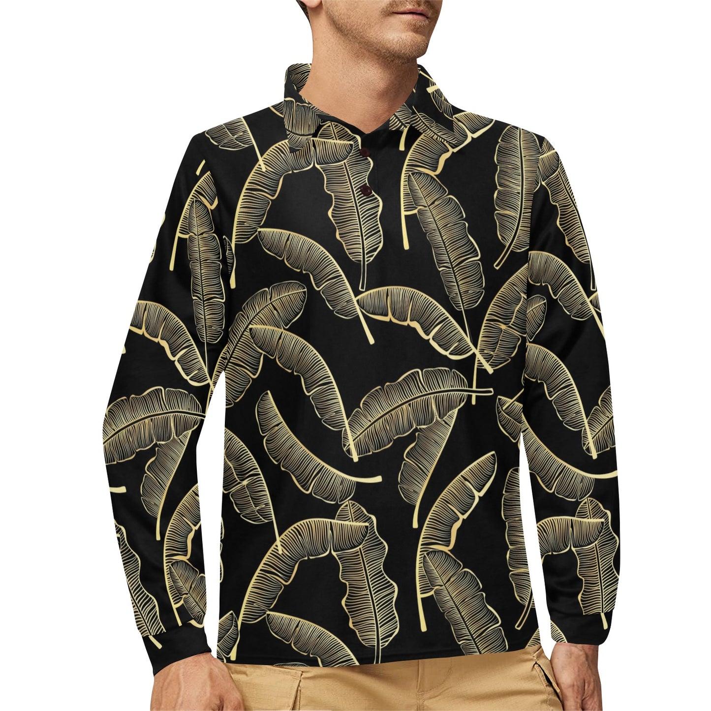 Banana Leaf Pattern Print Design BL07 Long Sleeve Polo Shirt For Men's